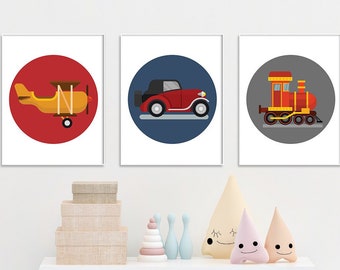 Transport Prints Childrens Wall Art - Set of 3 Kids Room Decor - Nursery & Bedroom Posters - Car, Plane, Train - Transportation Art