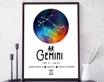 Gemini Star Sign PRINTABLE Wall Art - Zodiac DIGITAL DOWNLOAD - Constellation Map Astrology Print - Gemini Gifts - StarSign Spiritual Poster