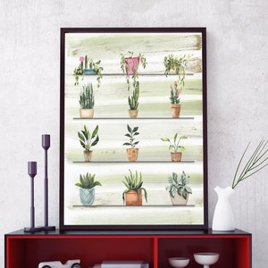 May include: A watercolor painting of a collection of potted plants on shelves. The shelves are painted in a light green and white striped pattern. The plants are a variety of greens and have different colored pots.