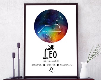 Leo Zodiac PRINTABLE Wall Art - Constellation Print DIGITAL DOWNLOAD - Star Sign Poster - Astrology Decor - Gift for Leo - August Birthday