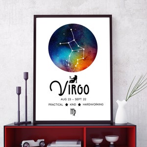 Impresión de Virgo para pared IMPRIMIBLE - Póster de DESCARGA DIGITAL del zodíaco - Regalo del signo zodiacal Virgo - Decoración con mapa de constelaciones - Símbolos y signos astrológicos