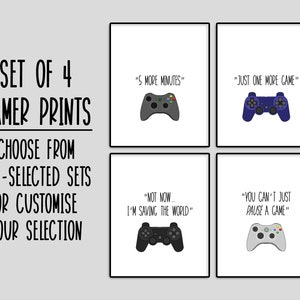 Games Room Decor Prints - Set of 4 Gamer Posters - Bedroom Wall Art - Gift for Gamer - Video Gaming Signs - PRINTS ONLY, UNFRAMED