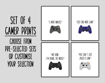 Games Room Decor Prints - Set of 4 Gamer Posters - Bedroom Wall Art - Gift for Gamer - Video Gaming Signs - PRINTS ONLY, UNFRAMED