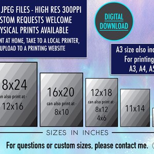 May include: Digital download of 24 high-resolution JPEG files of printable art prints in various sizes, including 18x24 inches, 16x20 inches, 12x18 inches, 11x14 inches, and 5x7 inches.  Also includes A3 size for printing at A3, A4, and A5 sizes.