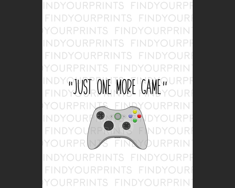 May include: A white video game controller with green buttons and the text "JUST ONE MORE GAME" in black.