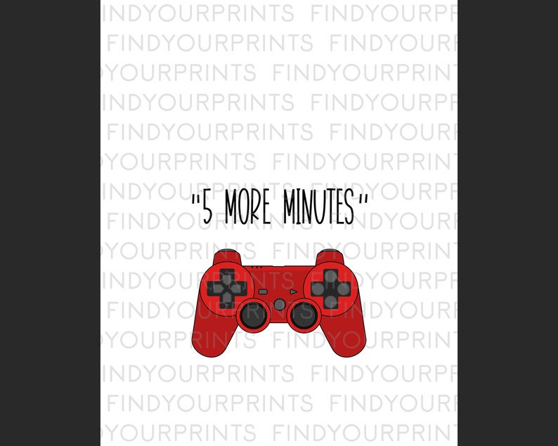 May include: Red and black video game controller with the text "5 More Minutes" on a white background.