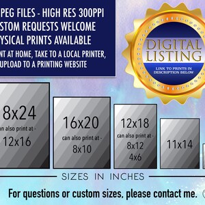 May include: Digital listing for printable art prints in various sizes, including 18x24 inches, 16x20 inches, 12x18 inches, 11x14 inches, and 5x7 inches. The listing includes 5 high-resolution JPEG files at 300 pixels per inch. Custom requests are welcome, and physical prints are available.