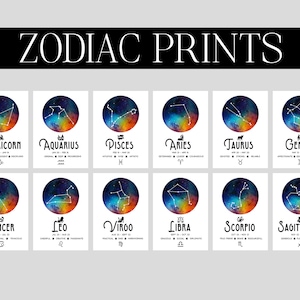 Wydruki konstelacji zodiaku - Plakaty ze znakami zodiaku - Sztuka ścienna astrologii - Dekoracja duchowa - Prezent dla czytelnika horoskopów - Symbole znaków zodiaku