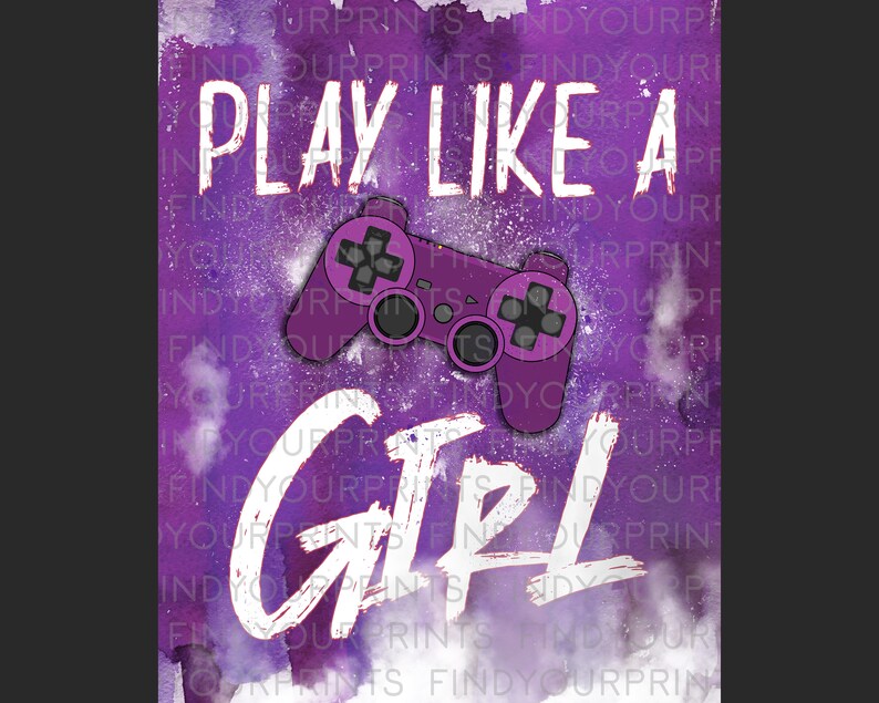 May include: Purple and white graphic art print with the text "PLAY LIKE A GIRL" and a purple video game controller. The background has a watercolor effect with purple and white splatters.