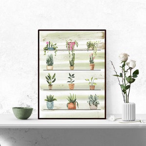 May include: A framed watercolor painting of a collection of potted plants on a shelf with a striped background. The plants are in various shades of green, with some pink and orange accents. The shelf is made of wood and has a rustic look.