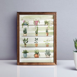 May include: A watercolor painting of a collection of potted plants on a shelf. The plants are in various shades of green and have different types of leaves. The background is a light green with white stripes.