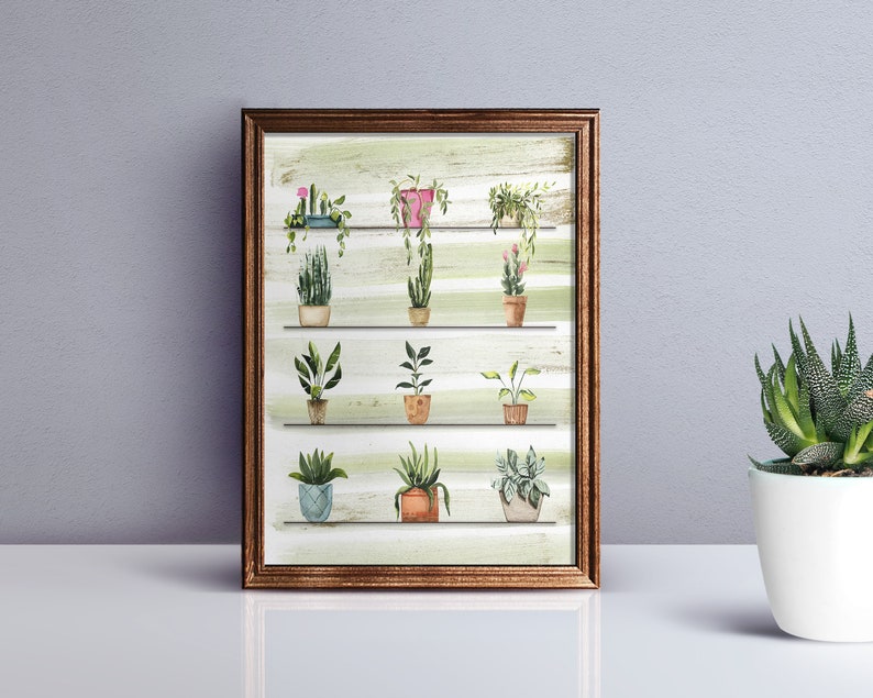 May include: A watercolor painting of a collection of potted plants on a shelf. The plants are in various shades of green and have different types of leaves. The background is a light green with white stripes.