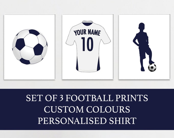 Football Bedroom Decor - Set of 3 Soccer Posters - Custom Football Prints - Personalised Sports Wall Art - Soccer Fan - PRINT ONLY, UNFRAMED