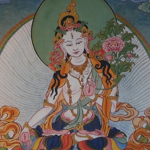 White Tara, Buddhist Tibetan Thanka, printed Natural canvas