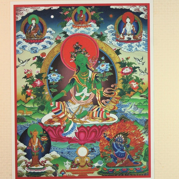 Green Tara. Tibetan Thanka, print on natural canvas