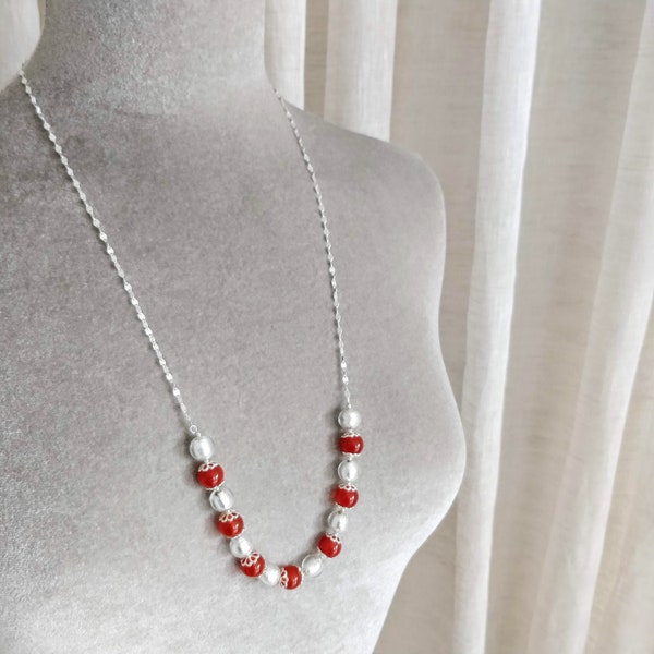 Collier d'inspiration vintage, sautoir, agate rouge, Murano, argent 925