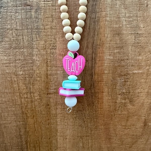 Teacher Wood Beaded Lanyard | Cute Teacher Lanyard | Back to School Teacher Badge Holder; Pink “Teach” Apple w/Stack of Books