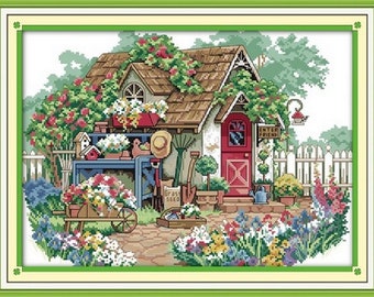 Potting Shed Cross Stitch Kit Finished Size 44x33cm - Choice of Plain or Printed 14 Count Aida - Counted or Stamped Cross Stitch Kit