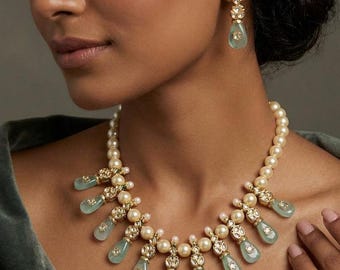 Conjunto de collar de perlas Kundan verde menta, joyería nupcial bohemia india para bodas.