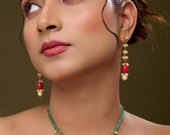 Red Coral Pearl Tassel Necklace Set with Green Beads