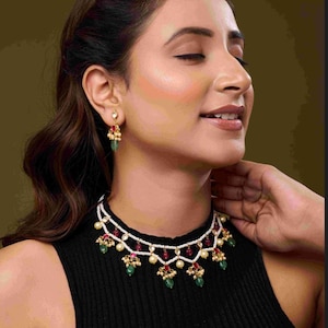 Ruby Emerald Pearl Jaali Choker Set, Designer Handmade Jewellery set