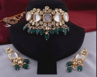 Conjunto de gargantilla Kundan Meena – Piedras Polki verde esmeralda, joyería tradicional chapada en oro