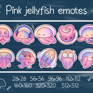 Peut inclure: Ensemble d'émoticônes de méduses roses avec diverses expressions, comme joyeuse, écoutant de la musique et en colère. Le texte "Pink jellyfish emotes" est en haut. Les tailles sont indiquées en pixels : 28x28, 56x56, 96x96, 112x112, 160x160, 320x320 et 512x512.