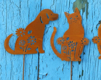 Edelrost Gartenstecker Hund ( 10 x 10 cm ) oder Katze ( 11,5 x 8 cm ),  ca. 33 cm komplett, Blumentopf, Wintergarten, Blumenbeet etc
