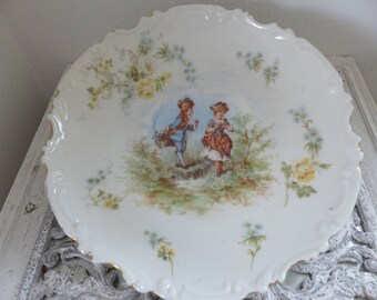 wundervoller Rokoko- Limoges - Teller, Cavalier et Dame, ca. 19.Jahrhundert ,feines Porzellan, Antiquität aus Frankreich, Vintage, Shabby