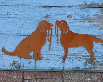 Neu... Hund mit Leine, Retriever... zwei Modelle zur Wahl.. Edelrost, Gartenstecker mit zwei Spießen, stabil, jeweils ca. 25 x 30 cm + Spieß