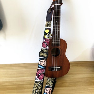 Handmade Super Hero Ukulele Strap with strap button (Genuine leather ends)