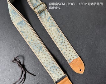 Retro style Jean with star guitar strap bass strap with geniune leather ends