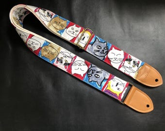 Handmade Cotton Punk style FUNKY CAT Guitar Strap, Electric Guitar Strap, Bass Strap.