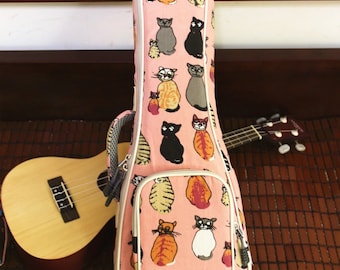 Handmade cat canvas padded soprano ukulele case pink ukulele gig bag for 21 inch Soprano ukulele ukulele carrying bag gifts for cat lovers