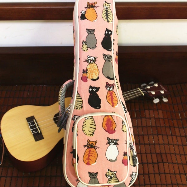 Handmade cat canvas padded soprano ukulele case pink ukulele gig bag for 21 inch Soprano ukulele ukulele carrying bag gifts for cat lovers