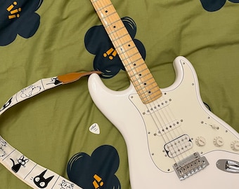 Handgemachter, 5 cm breiter Baumwollgurt, süße Comic Katze, Gitarrengurt, Bassgurt.