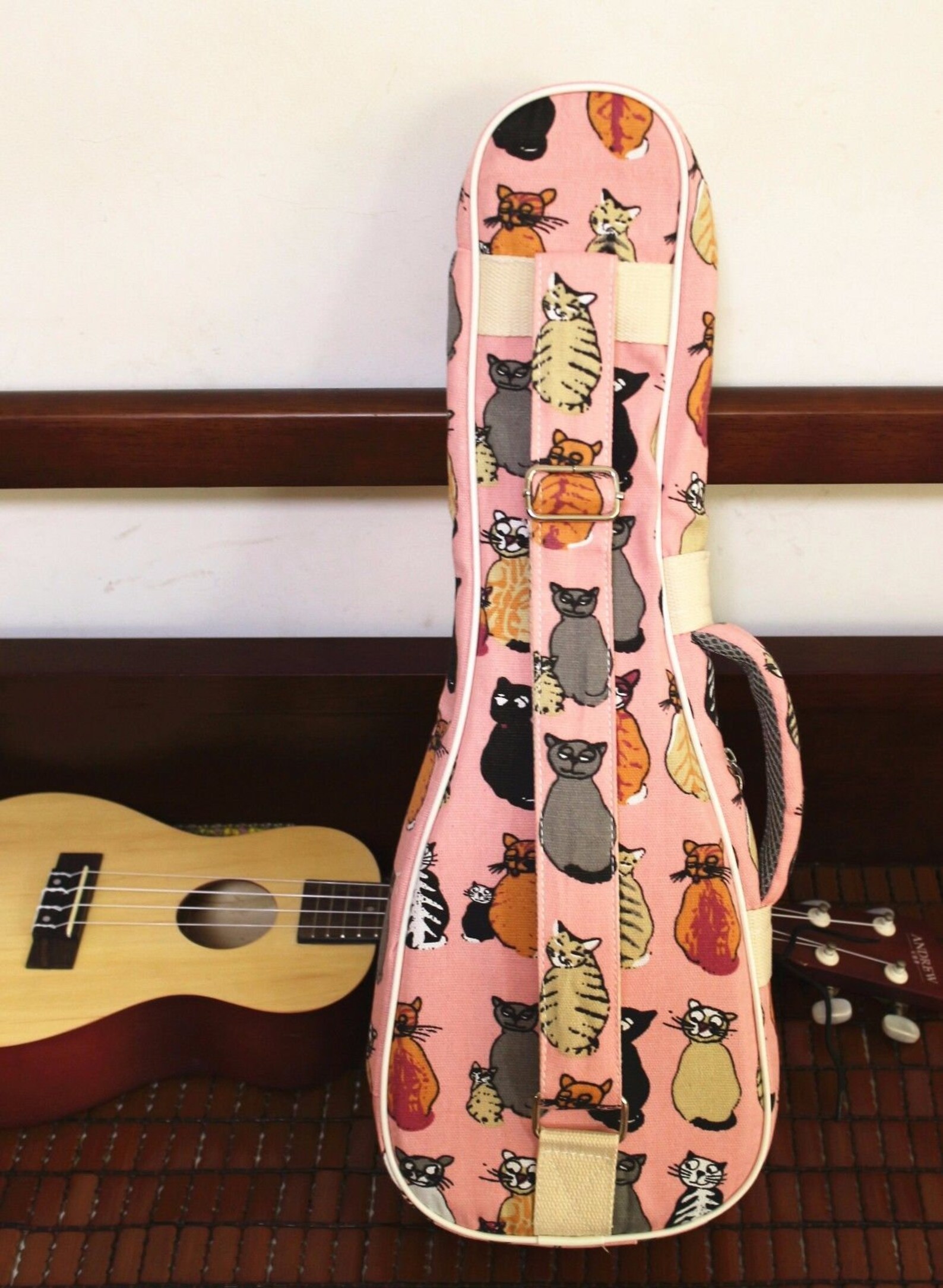Cute Cat Canvas Padded Concert Ukulele Case Pink Ukulele Gig Bag for 23