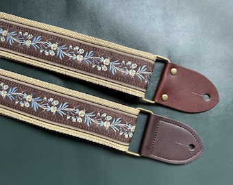 Handmade high quality brown embroidered floral guitar straps, bass straps
