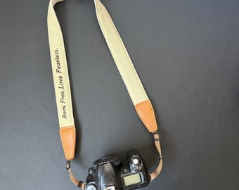 Handmade Personalized text embroidery camera straps with genuine leather ends