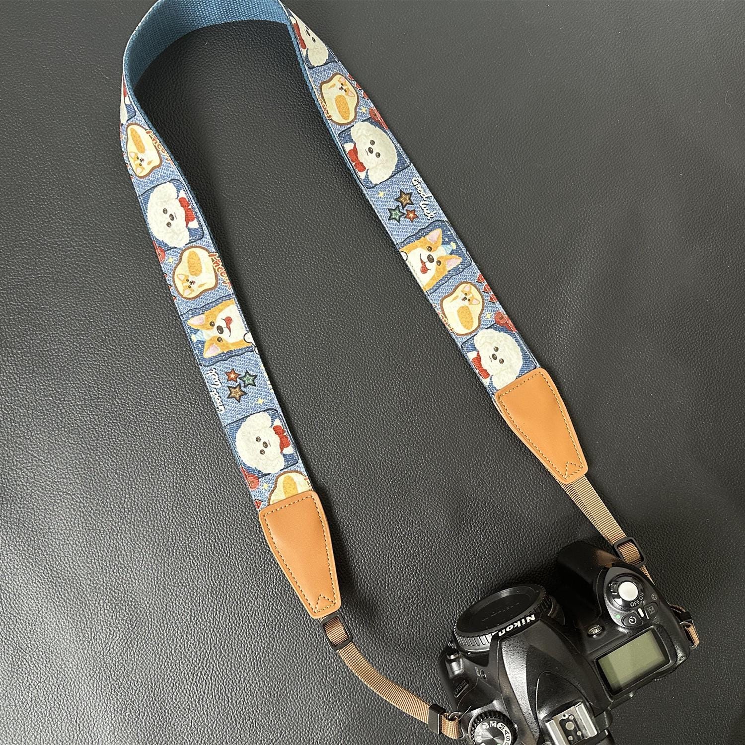 Handmade cute dog camera strap adjustable crossbody camera straps with genuine leather ends