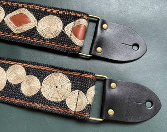 Handmade 2.4 inch (6cm) Width, Vintage Style Hemp &. Leather Guitar Strap, Electric Guitar Strap, Bass Strap, With Italy Made Leather Ends