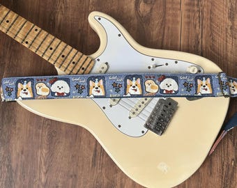 Handmade Cute dog guitar strap adjustable bass strap with genuine leather ends