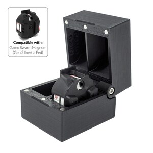 May include: Black, 3D-printed accessory with an open box design. The box contains a black component with white and red details. Text in the image reads: "Compatible with: Gamo Swarm Magnum (Gen 2 Inertia Fed)".