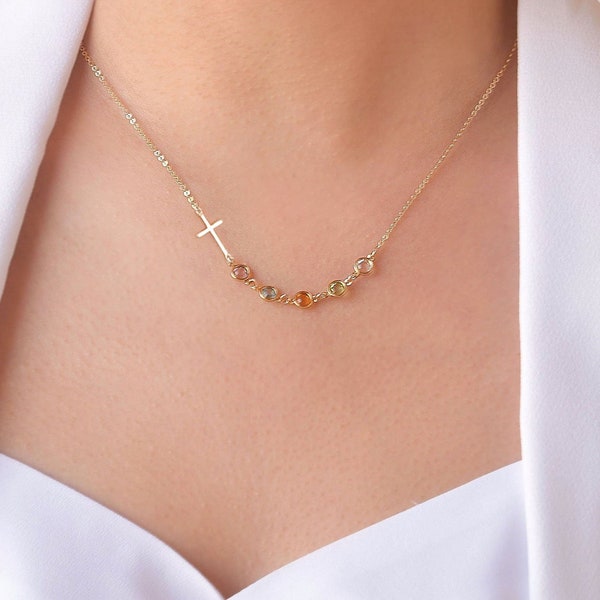 Sterling Silver Cross with Tiny birthstone necklace - Family tree necklace, Christmas gift for her mom sister wife mother, gift for grandma