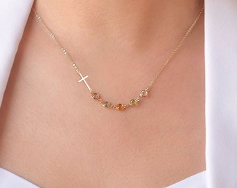 Sterling Silver Cross with Tiny birthstone necklace - Family tree necklace, Christmas gift for her mom sister wife mother, gift for grandma