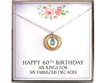 60th birthday gift women - Birthstone Necklace, 60th Birthday Gift for Mom Grandma Nana, 6 Rings 6 Decades, L-TWISB