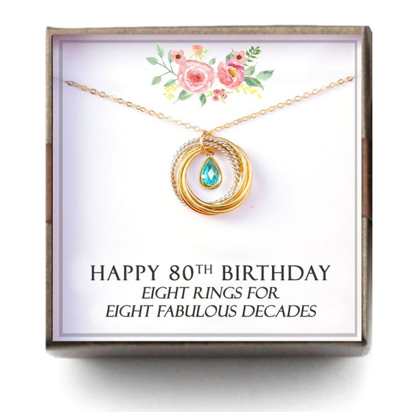 80th birthday gift women - Birthstone Necklace, 80th Birthday Gift for Mom Grandma Nana, 8 Rings for 8 Decades, 80 bd gift, L-TWISB