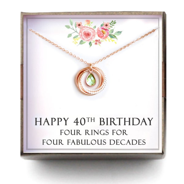 40th birthday gift women her - Birthstone Necklace, 40th Birthday Gift for Mom mother in law wife, 4 Rings, 4 Decades, L-TWISB