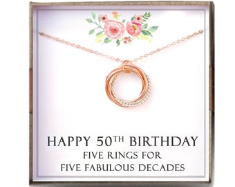 50th birthday gift women - Birthstone Necklace, 50th Birthday Gift for Mom Grandma Nana, 5 Rings for 5 Decades, L-TWIS