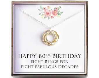 80th birthday gift women - Birthstone Necklace, 80th Birthday Gift for Mom Grandma Nana, 8 Rings for 8 Decades, 80 bd gift, L-TWIS